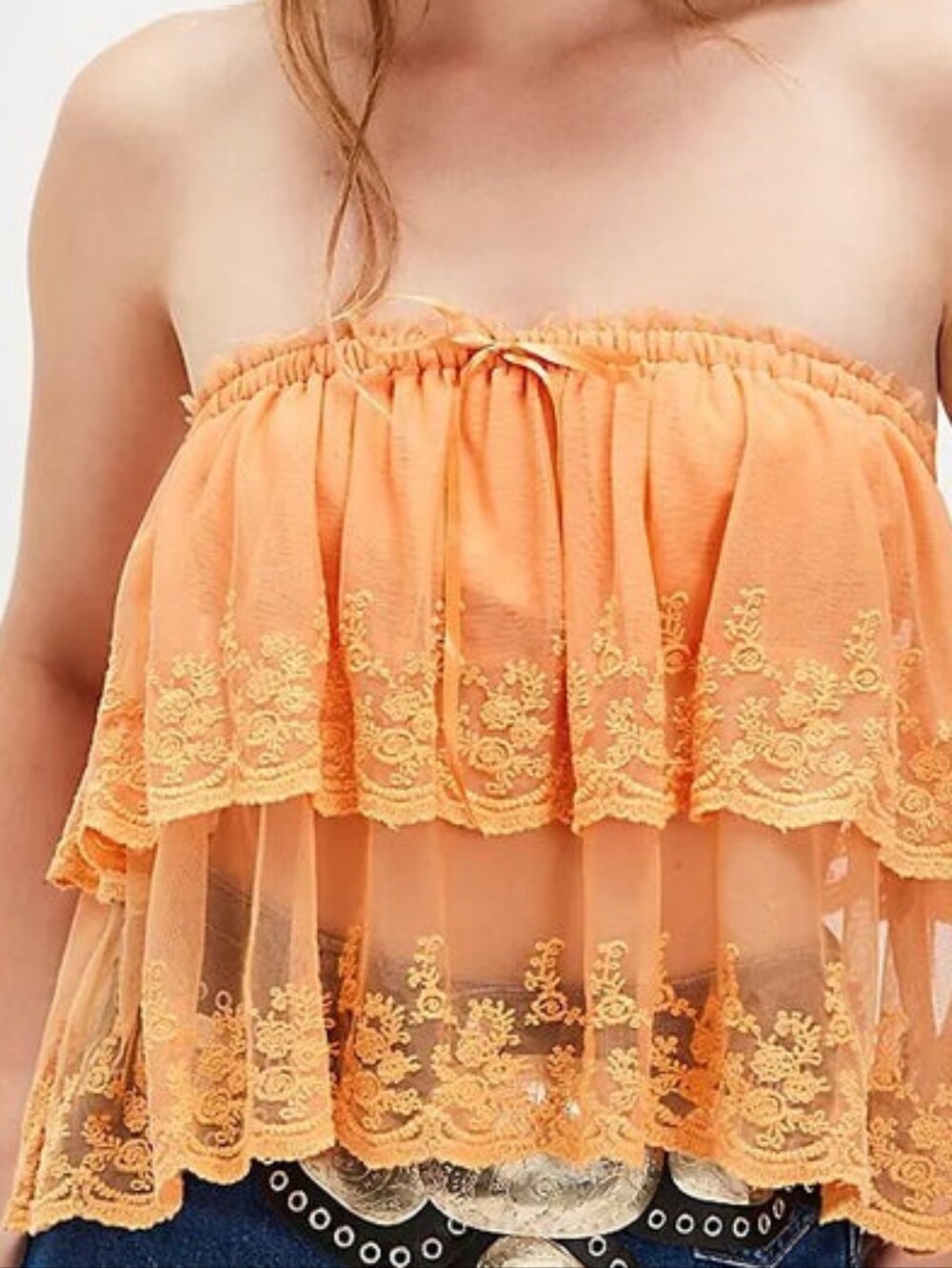 Free People Orange Strapless Lace Tiered Mesh Crop Top